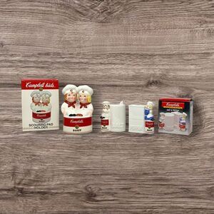 1998 Campbells Soup Kids Kitchen Scouring Pad Holder And Salt & Pepper Shakers